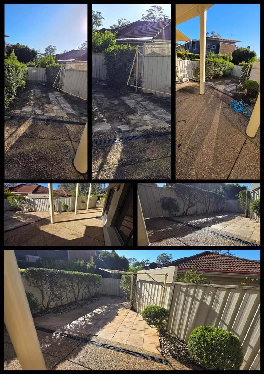 Paved yard before and after rubbish removal